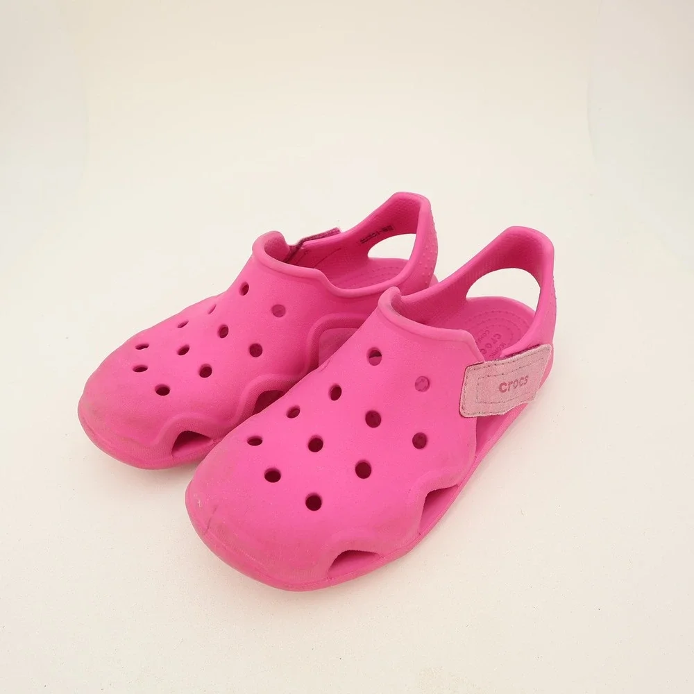 Crocs Kids Swiftwater WAVE Sandal Hot Pink Size 2 J2 Hook Loop Straps